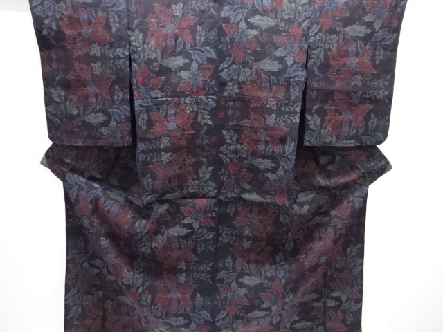 大正ロマン　唐花模様織り出し手織り真綿小千谷紬単衣着物